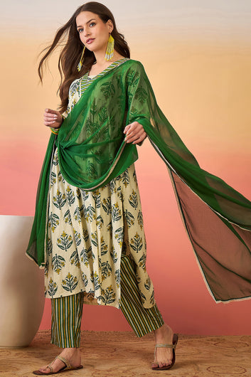 Womens Off White Cotton Printed Kurta Pant With Dupatta Set