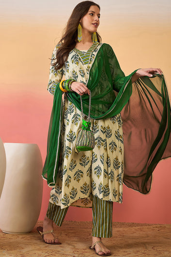 Womens Off White Cotton Printed Kurta Pant With Dupatta Set