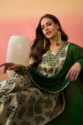 Womens Off White Cotton Printed Kurta Pant With Dupatta Set