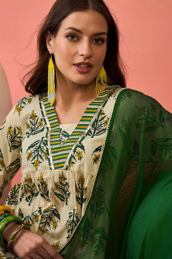 Womens Off White Cotton Printed Kurta Pant With Dupatta Set