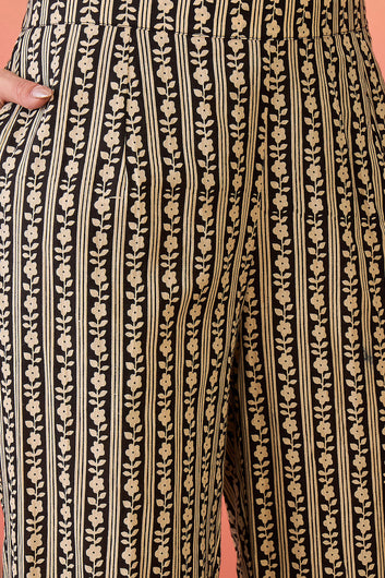 Womens Black Cotton Printed Kurta Pant With Dupatta Set