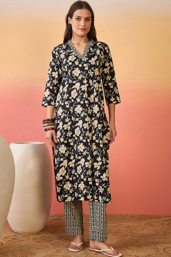 Womens Black Cotton Printed Kurta Pant With Dupatta Set