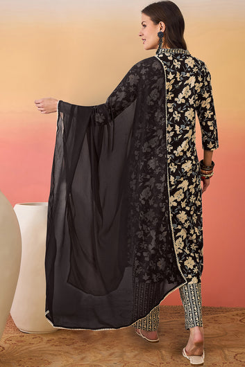 Womens Black Cotton Printed Kurta Pant With Dupatta Set