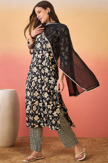 Womens Black Cotton Printed Kurta Pant With Dupatta Set