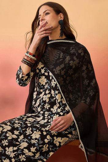 Womens Black Cotton Printed Kurta Pant With Dupatta Set