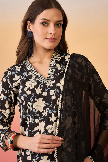 Womens Black Cotton Printed Kurta Pant With Dupatta Set
