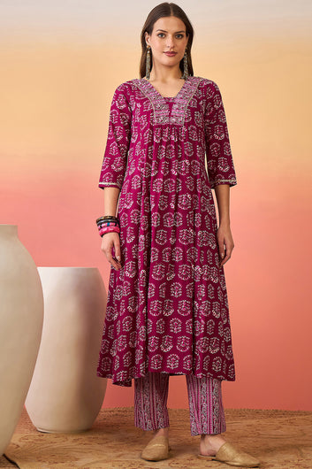 Womens Purple Cotton kurta Pant with dupatta Set