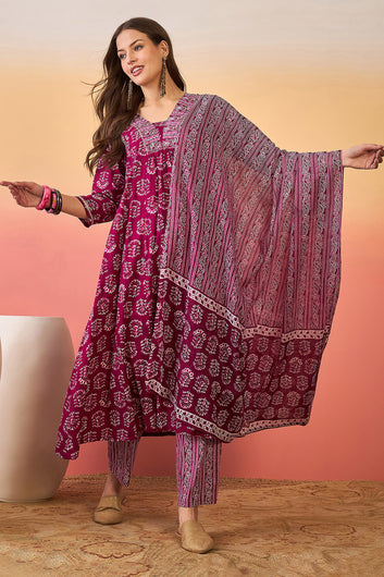 Womens Purple Cotton kurta Pant with dupatta Set