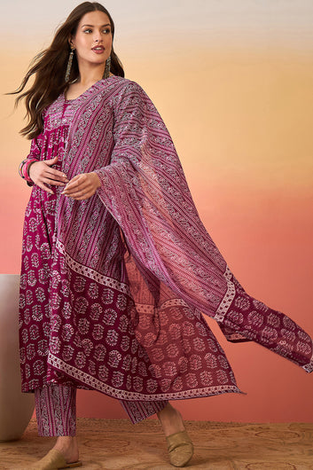 Womens Purple Cotton kurta Pant with dupatta Set
