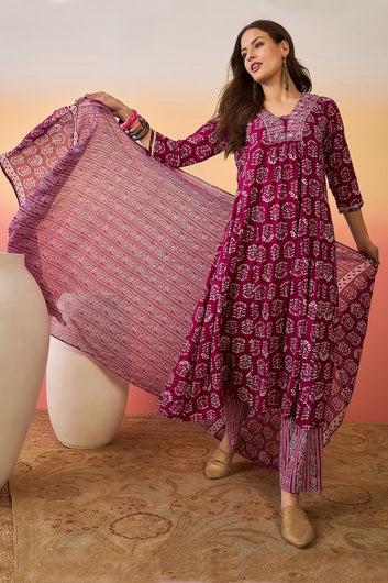 Womens Purple Cotton kurta Pant with dupatta Set