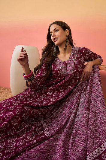 Womens Purple Cotton kurta Pant with dupatta Set