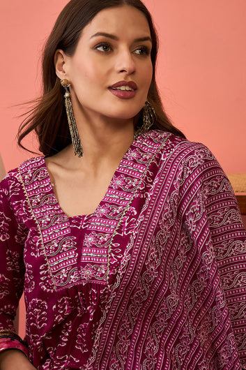 Womens Purple Cotton kurta Pant with dupatta Set