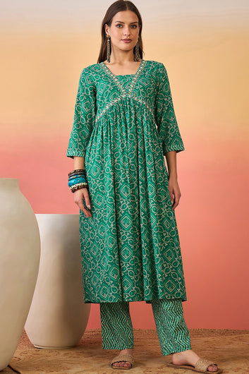 Women’s Teal Green Cotton Printed Kurta Pant With Dupatta Set