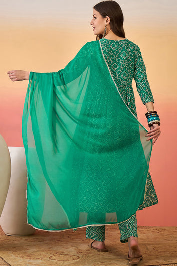 Women’s Teal Green Cotton Printed Kurta Pant With Dupatta Set