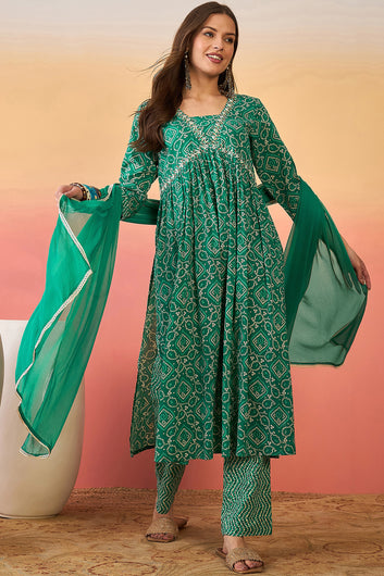 Women’s Teal Green Cotton Printed Kurta Pant With Dupatta Set