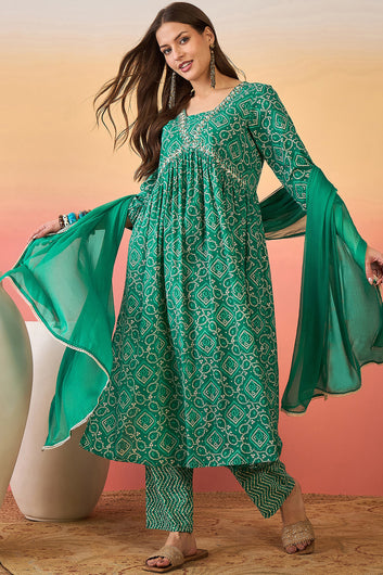 Women’s Teal Green Cotton Printed Kurta Pant With Dupatta Set