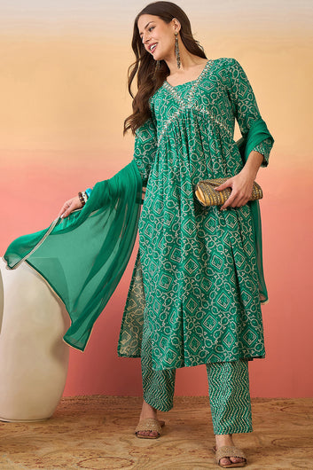 Women’s Teal Green Cotton Printed Kurta Pant With Dupatta Set