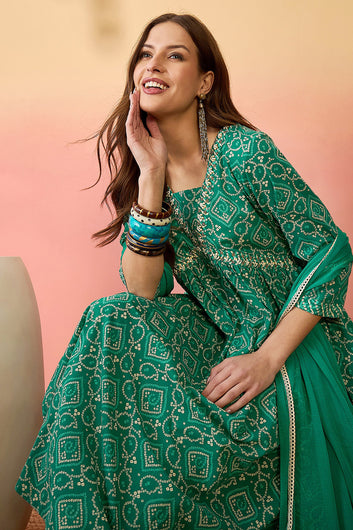 Women’s Teal Green Cotton Printed Kurta Pant With Dupatta Set