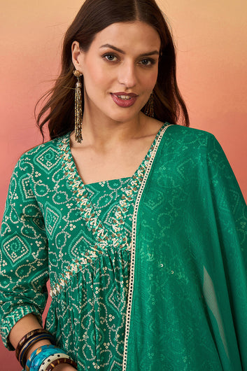Women’s Teal Green Cotton Printed Kurta Pant With Dupatta Set
