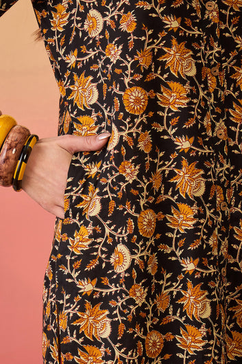 Women’s Black Cotton Printed Kurta Pant set