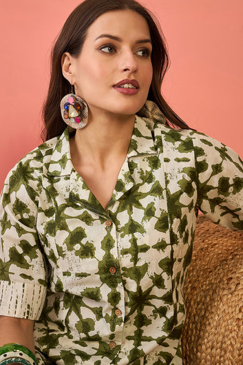 Womens Olive Cotton Printed Kurta set