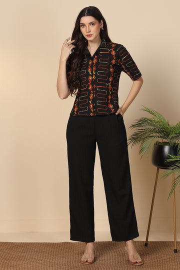 Womens Black Cotton Blend Embroidered Co-ords Shirt With Pant Set