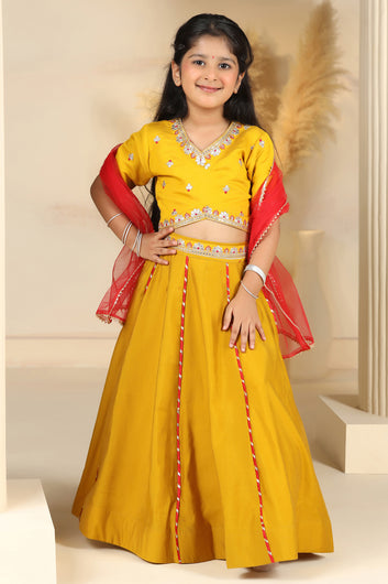 Girls Mustard Roman Silk Embroidered Lehenga Choli With Dupatta Set Traditional 3-Piece Festive Outfit for Kids