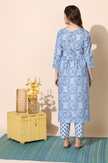 Women’s Blue Cotton Floral Printed Empire Kurta With Pant Set