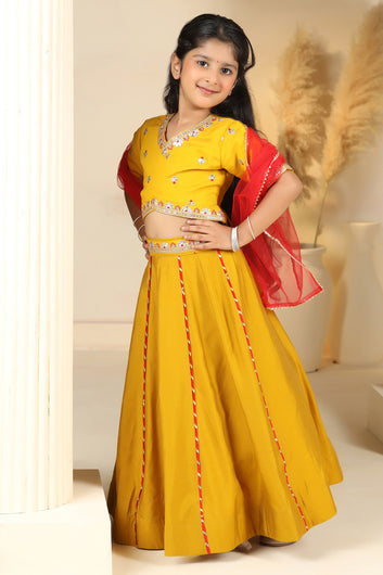 Girls Mustard Roman Silk Embroidered Lehenga Choli With Dupatta Set Traditional 3-Piece Festive Outfit for Kids