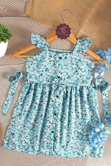 Girls Blue Fit And Flared Floral Printed Above Knee Length Dress