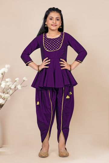 Girls Purple Cotton Embroidered Curved Kurta With Dhoti Pant Set