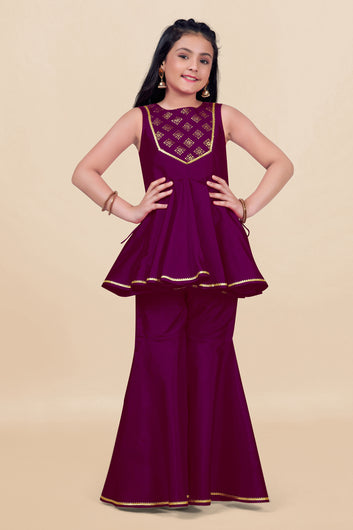 Girl's Purple Cotton Blend Foil Printed Peplum Style Kurta With Palazzo Set