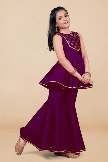 Girl's Purple Cotton Blend Foil Printed Peplum Style Kurta With Palazzo Set