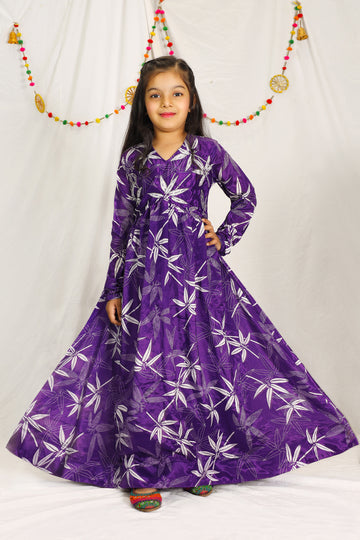Girls Violet Chinon Silk Floral Printed Maxi Dress