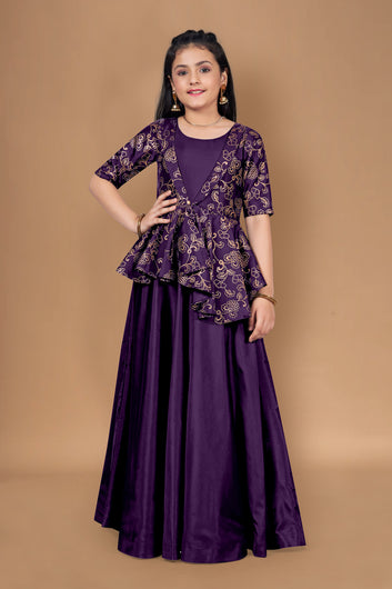 Girls Purple Foil Print Taffeta Fit & Flare Asymmetric Shrug Maxi Length Dress