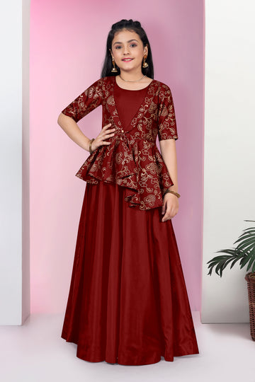 Girls Maroon Cotton Blend Foil Printed Asymmetric Shrug Anarkali Maxi Length Dress