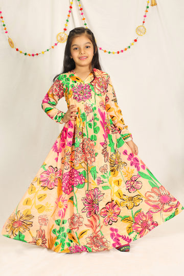 Girls Beige Chinon Silk Floral Printed Maxi Dress