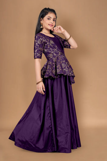 Girls Purple Foil Print Taffeta Fit & Flare Asymmetric Shrug Maxi Length Dress