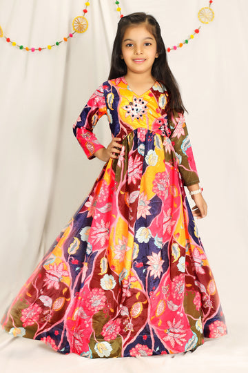 Girls Multicolor Chinon Silk Floral Printed Maxi Dress
