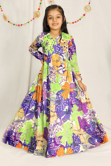 Girls Multicolor Chinon Silk Floral Printed Maxi Dress