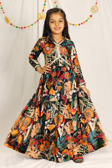 Girls Black Chinon Silk Floral Printed Maxi Dress