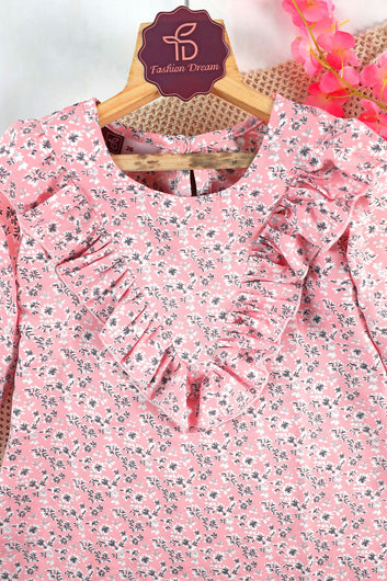 Girls Light Baby Pink Shift Floral Printed Above Knee Length Dress