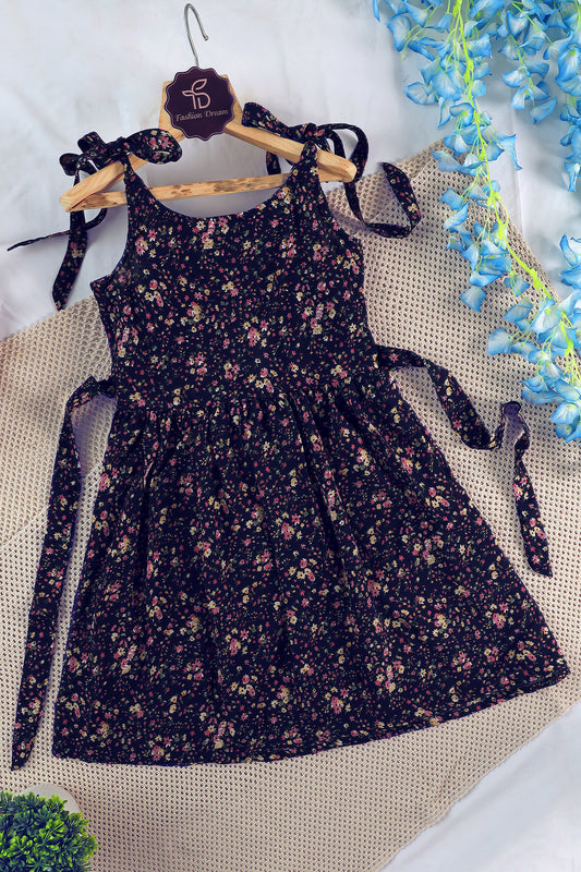 Girls Navy Blue Fit and Flare Floral Printed Above Knee Length Dress