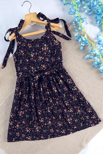 Girls Navy Blue Fit and Flare Floral Printed Above Knee Length Dress