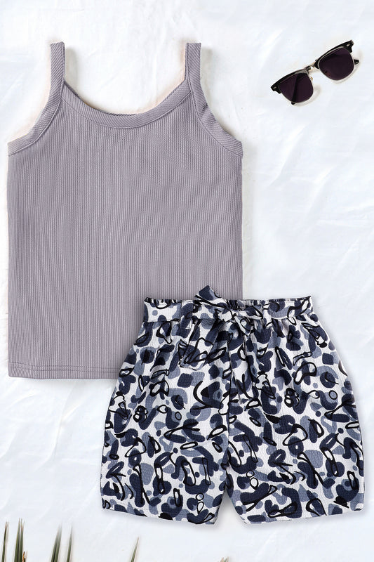 Girls Grey RIB Lycra Solid Top With All Over Printed Shorts Set