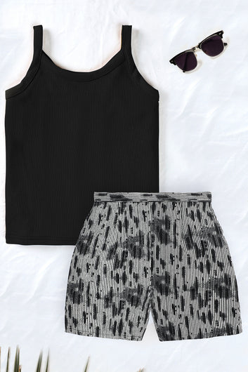 Girls Black Lycra Solid Top With All Over Printed Short Pant Set