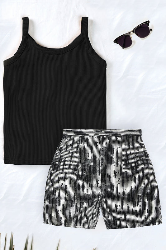 Girls Black Lycra Solid Top With All Over Printed Short Pant Set