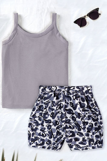 Girls Grey RIB Lycra Solid Top With All Over Printed Shorts Set