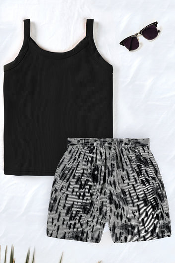 Girls Black Lycra Solid Top With All Over Printed Short Pant Set