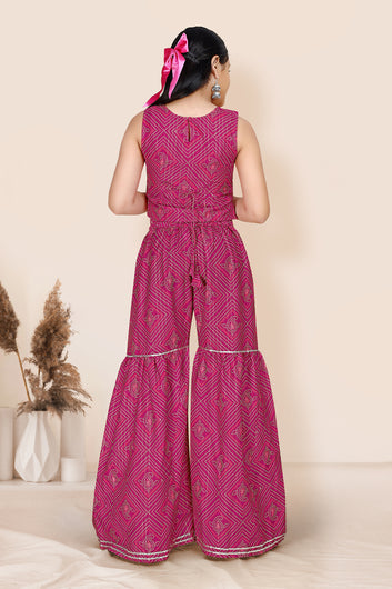 Girls Pink Polyester Blend Crop Top And Sharara Set